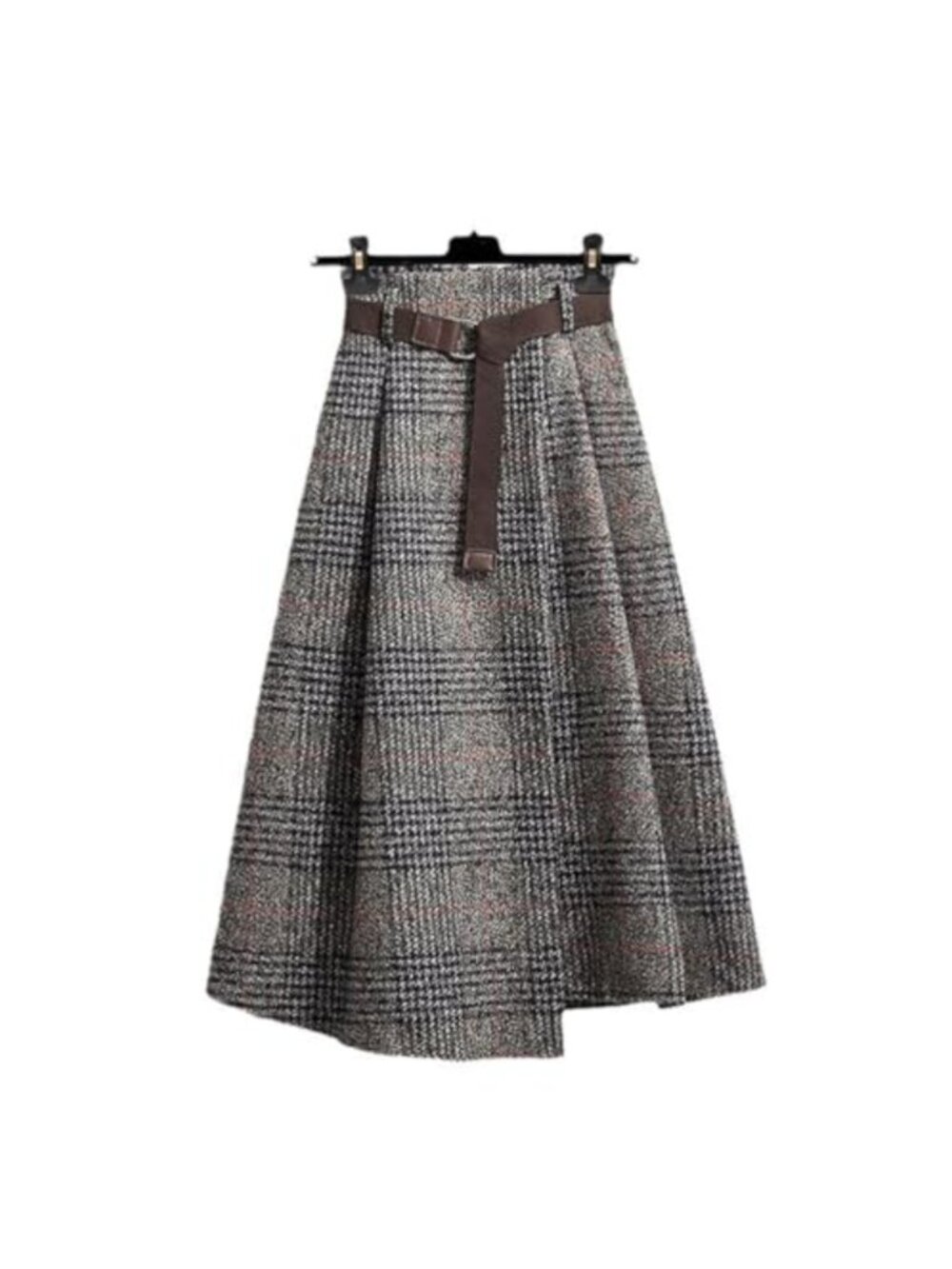 Plaid Wool Midi Skirt High Waist A-Line Asymmetrical Hem Slit